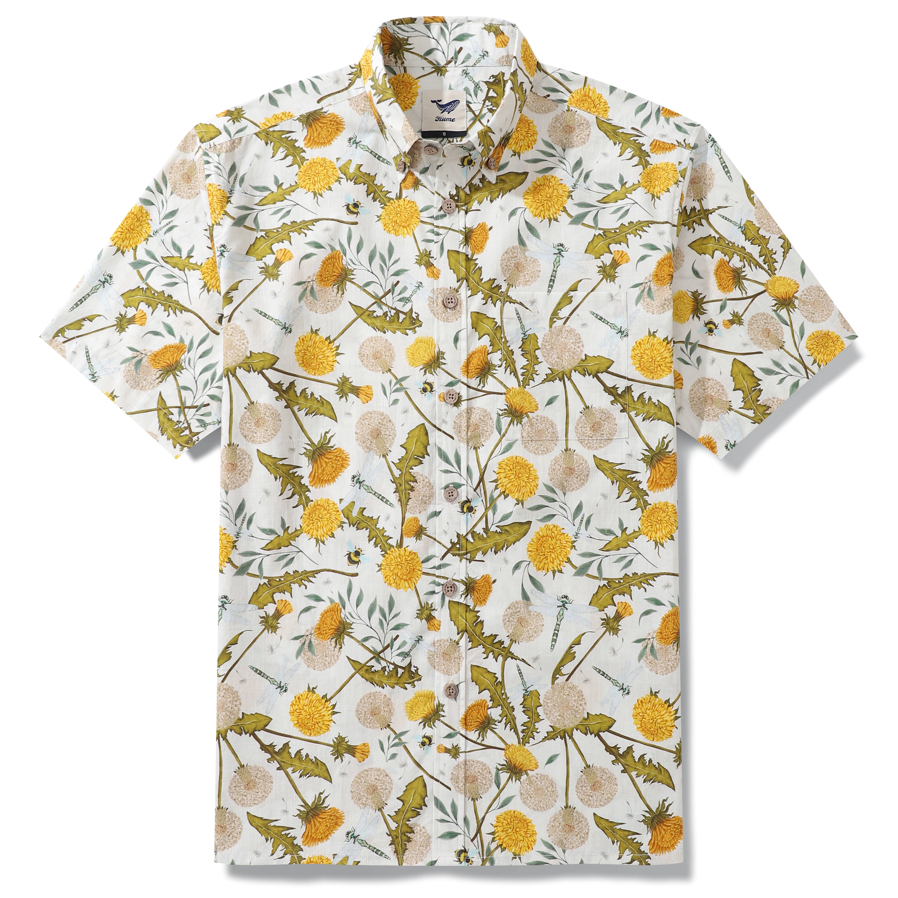 1950s Hawaiian Shirt For Men Dandelions and Dragonflies Button-down Shirt Short Sleeve 100% Cotton Aloha Shirt