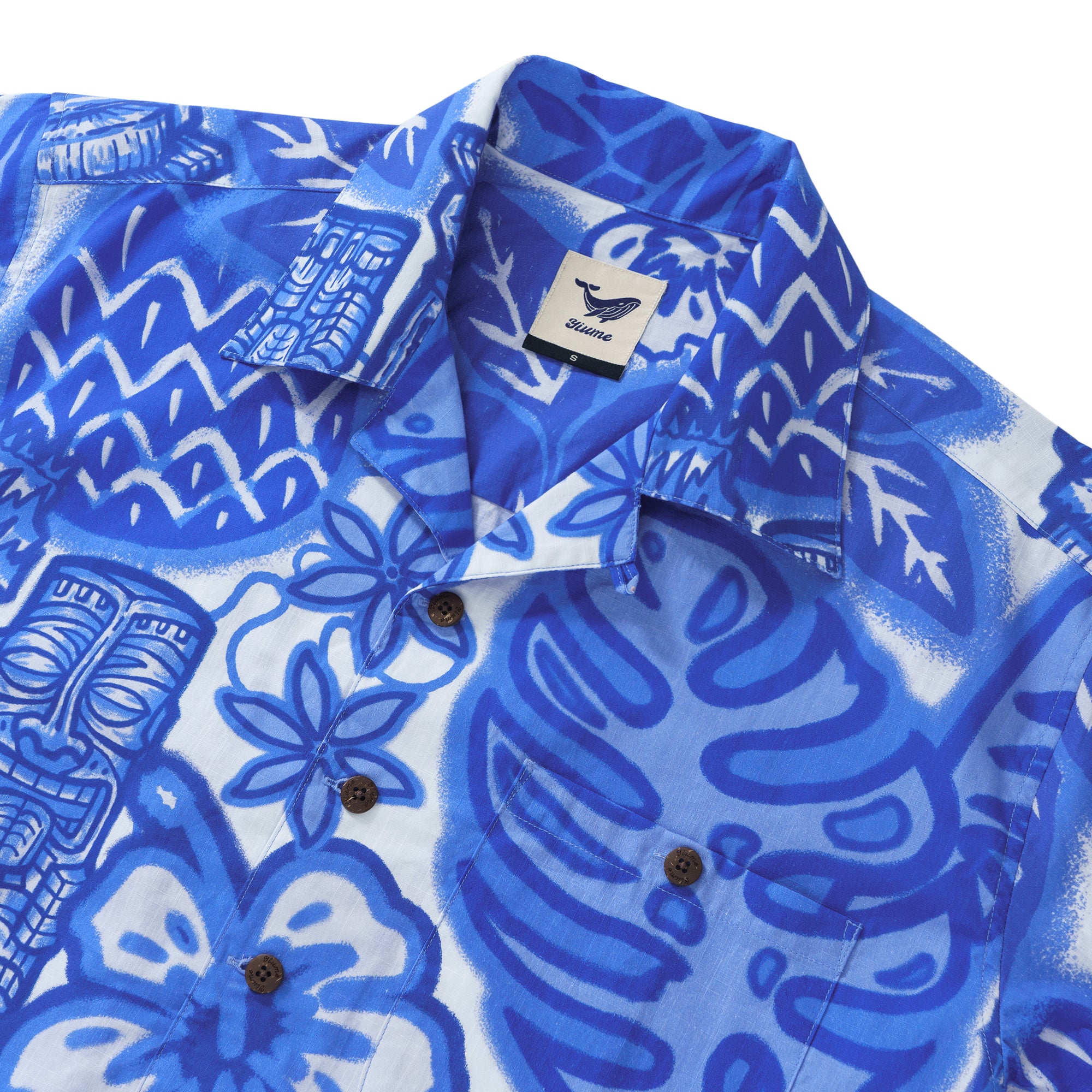 100% Cotton Hawaiian Shirt For Men Blue Tiki Camp Collar Aloha Shirt