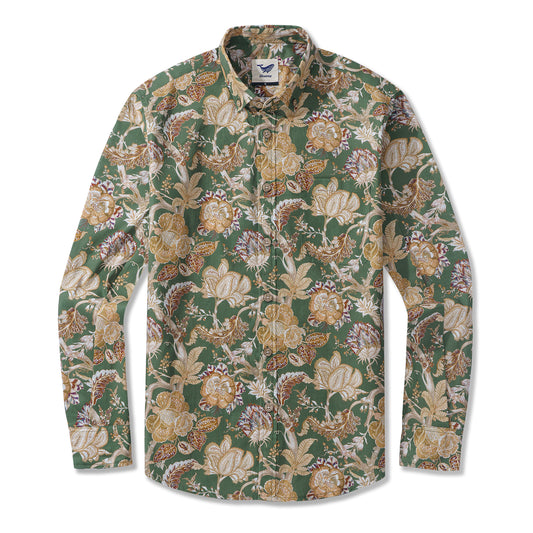 Hawaiian Blossom Charm By GND Art Studio Shirt 100% Cotton Men's Aloha Hawaiian Long Sleeve Button-down Shirt