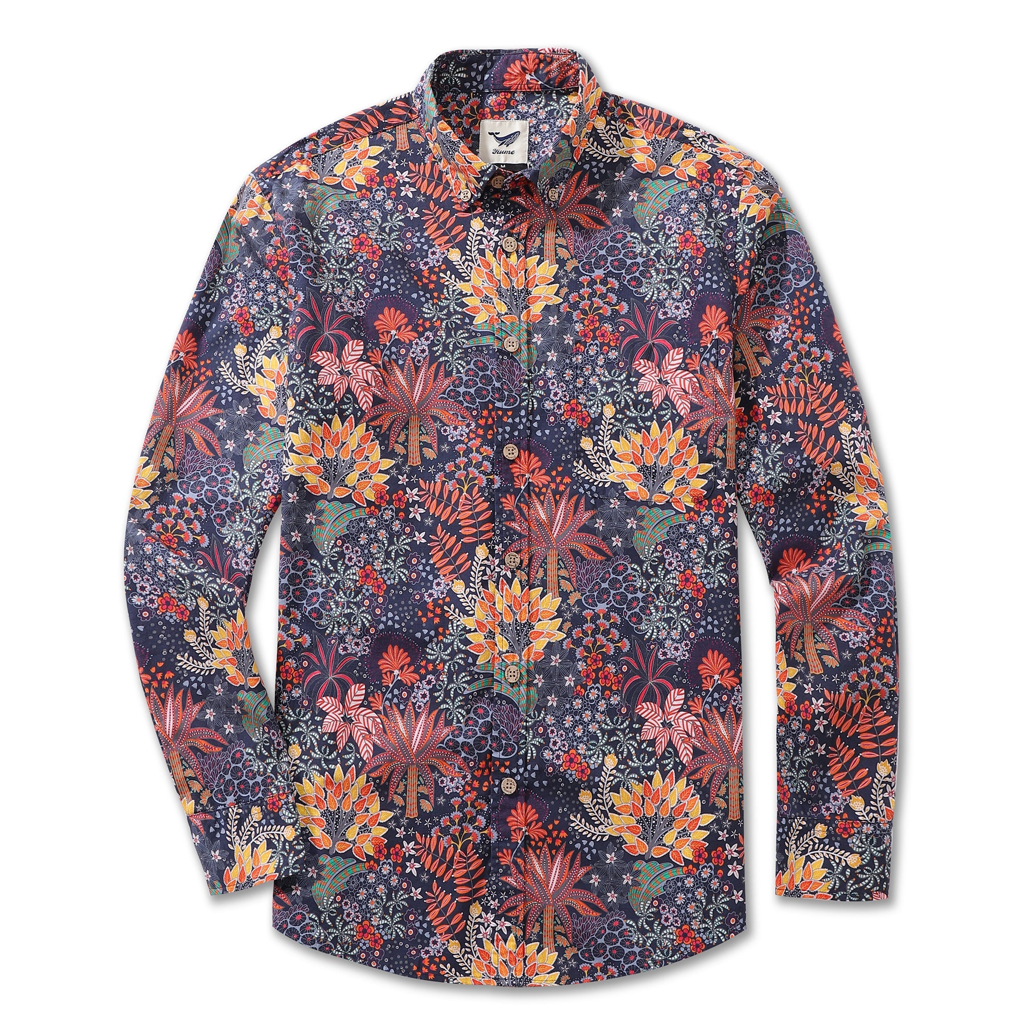 Camisa Hawaiana para Hombre con Estampado de Plantas Peculiares de Algodón, Botones y Manga Larga Aloha