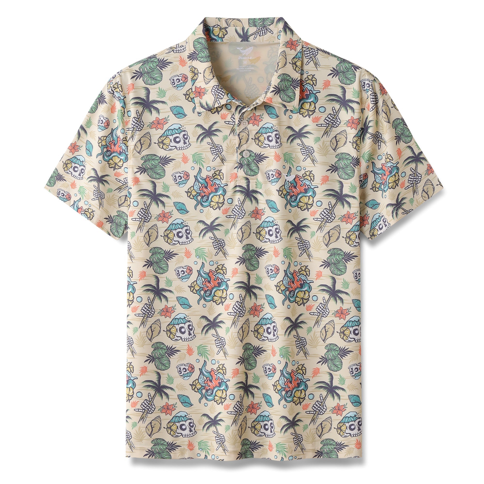 Polo de manga corta vintage hawaiano de los años 90 con calavera tropical salvaje hawaiana para hombre