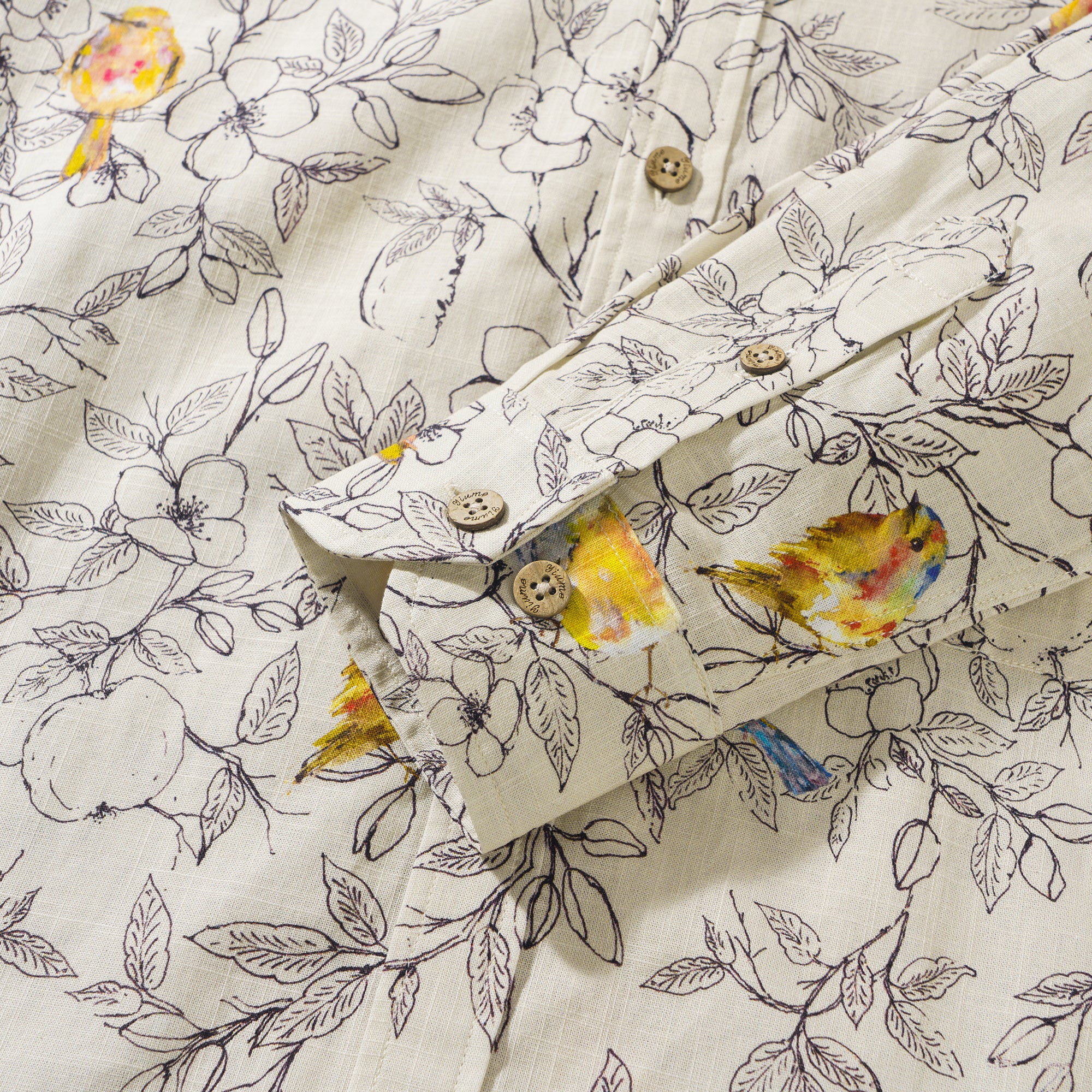 Birds and Blossoms By Hina Mirza 100% Cotton Men's Long Sleeve Button-down Shirt Beige Aloha Hawaiian