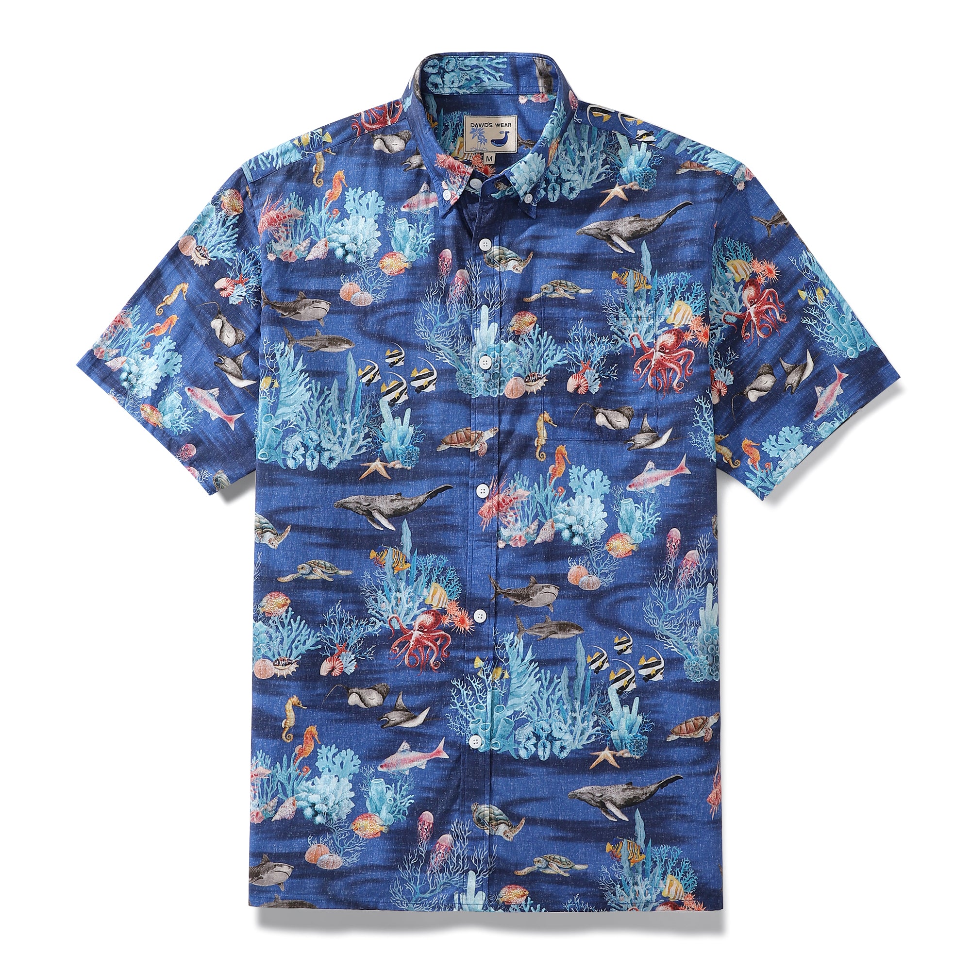 Camisa hawaiana para hombre Camisa Aloha azul de manga corta Ocean Marine Life