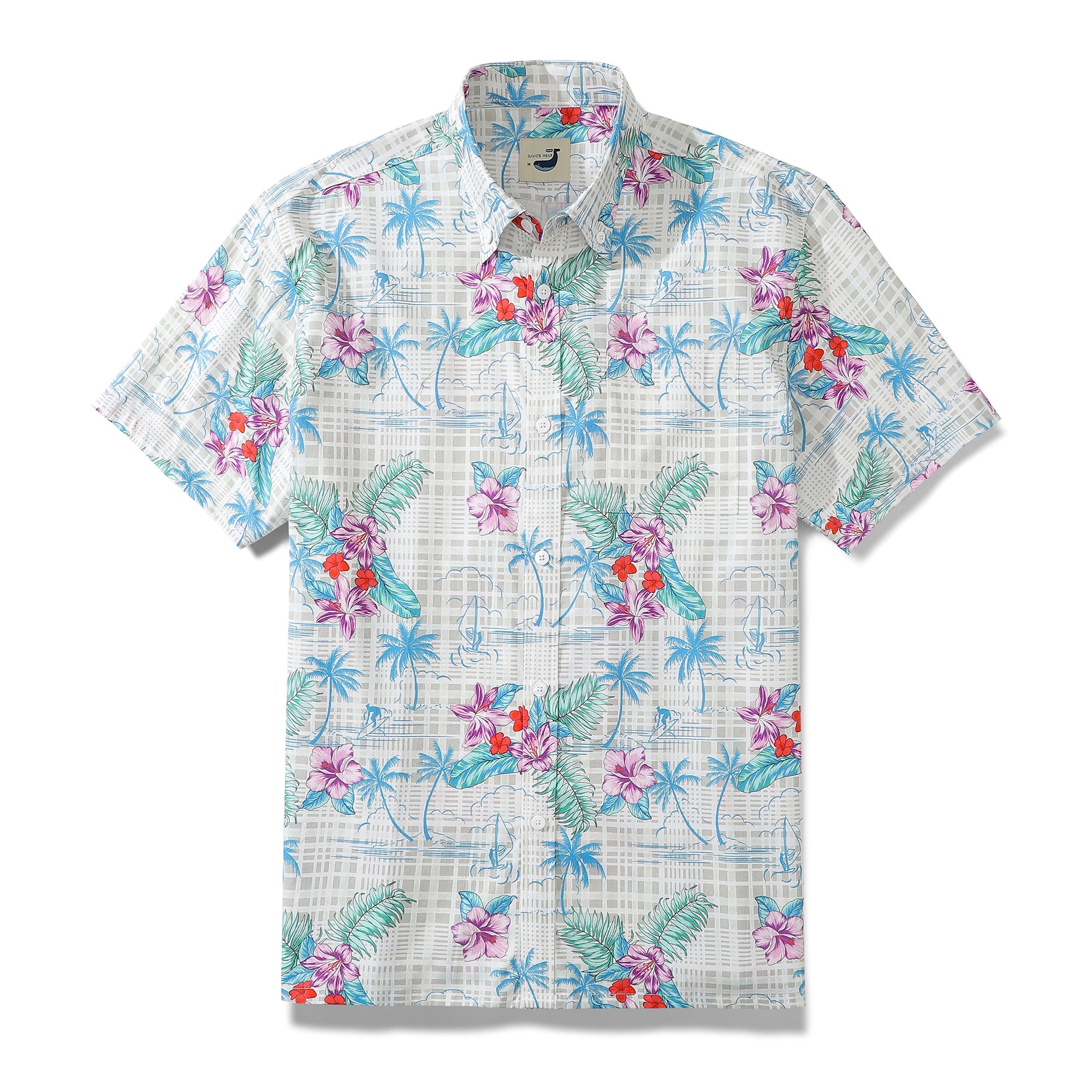 Herren-Aloha-Hemden, kariertes Baumwollhemd mit tropischem Blumenmuster und Button-Down-Kragen